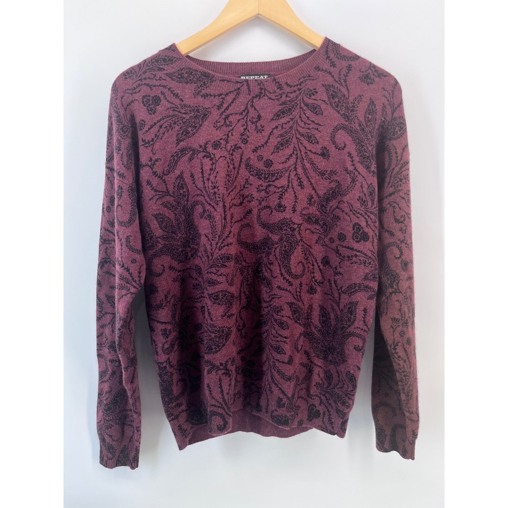 Repeat Cashmere Silver Edition Burgundy Paisley Floral Crewneck Sweater Pullover